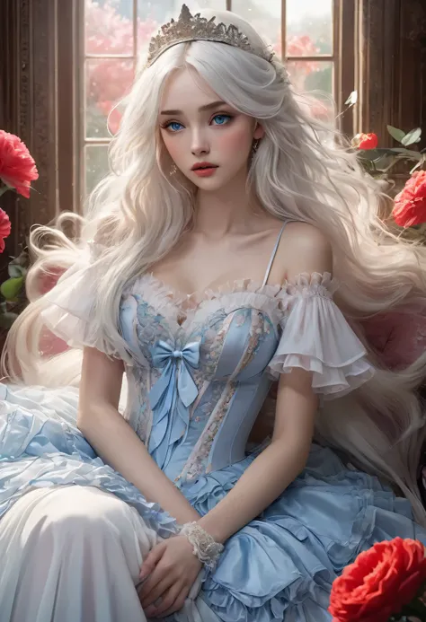 ((Extremely detailed CG unified 8K wallpaper)), masterpiece, super detailed, floating, High resolution, Sexual innuendo, Expressions of sadness and crying, White hair looks ridiculous, Princess, blue eyes, (Gorgeous long white and red sheer tiered maxi dre...