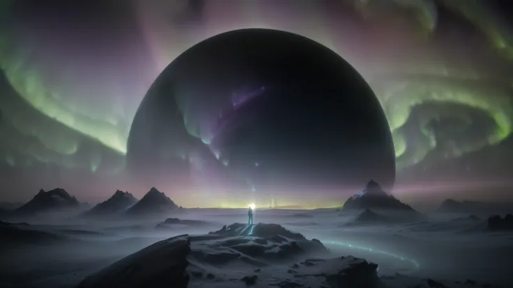 (Majestic cosmic landscape:1.4), (A lone astronaut:1.3) standing on (an alien planet:1.3), (staring into the vast expanse of space:1.4), (A colossal ringed planet:1.5) rising above the horizon, (bioluminescent alien flora:1.3) glowing in the foreground, (A...