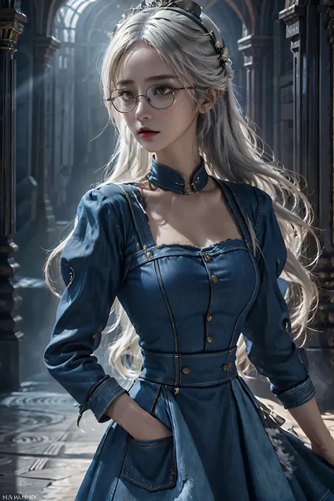 (in the darkness: 1.6),Surrealist female portrait, fantasy art, photorealism, dynamic lighting, art station, poster, Volumetric lighting, Very detailed faces, 4K,1 girl, in the darkness, deep shadow, low profile, (Denim maid outfit: 1.4), long hair, white ...