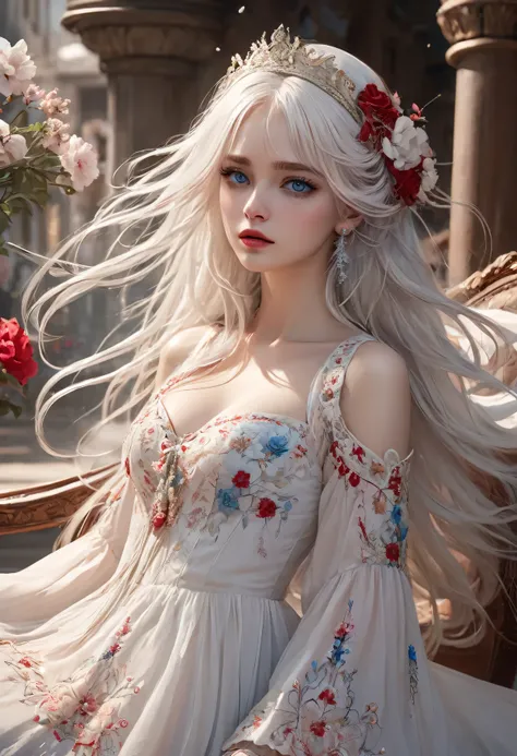 ((Extremely detailed CG unified 8K wallpaper)), masterpiece, super detailed, floating, High resolution, Sexual innuendo, (small, White hair looks ridiculous, Princess, blue eyes, (Gorgeous long white and red sheer tiered maxi dress，Long parted wide sleeves...