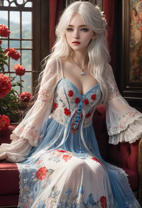 ((Extremely detailed CG unified 8K wallpaper)), masterpiece, super detailed, floating, High resolution, Sexual innuendo, (small, White hair looks ridiculous, Princess, blue eyes, (Gorgeous long white and red sheer tiered maxi dress，Long parted wide sleeves...