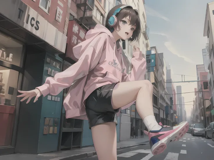 anime、(masterpiece:1.2, highest quality), (highly detailed face, intricate details), alone, 1 milf, casual,pink hoodie、shorts、Raise your leg and kick、headphone、outdoor, street, cityscape、city