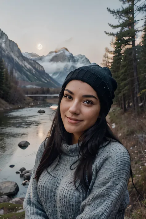 photograph, photo of beautiful woman, black hair, selfie, upper body, solo, wearing pullover, outdoors, (night), mountains, real life nature, stars, moon, cheerful, happy, gloves, sweater, beanie, forest, rocks, river, wood, smoke, fog, looking at viewer, ...