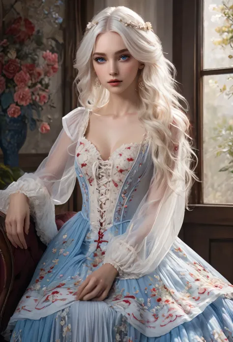 ((Extremely detailed CG unified 8K wallpaper)), masterpiece, super detailed, floating, High resolution, Sexual innuendo, (small, White hair looks ridiculous, Princess, blue eyes, (Gorgeous long white and red sheer tiered maxi dress，Long parted wide sleeves...