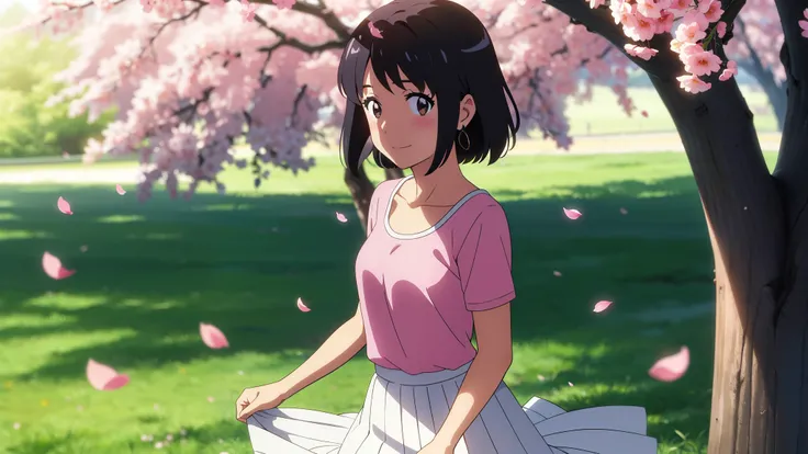 shinkai makoto, kimi no na wa., 1girl, bangs, black hair, blush, bright eyes, brown eyes, red headband, red ribbon, short hair, shinny hair, smile. cute, beautiful, shiny skin, looking at the viewer, solo, white dress, pleated skirt, short sleeves, earring...