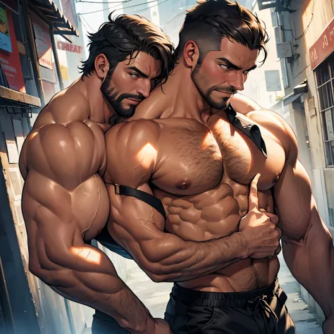 Melhor qualidade, obra de arte, super high resolution, fundo detalhado, realista, illustration, Solteiro, 1 menino, middle-aged muscle man, barba grisalha, golpe, Rua, muscular, gray facial hair, homem de meia-idade, short gradient hair, volumetric lightin...