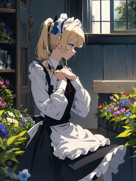 (masterpiece, highest quality, High resolution、be familiar with), (shining eyes)、1 girl,blonde hair, maid, blue eyes, side ponytail, hair scrunchie, hair ornaments, blue scrunchie, maid headdress, apron, (Mansion garden),(flowers blooming in the flower bed...