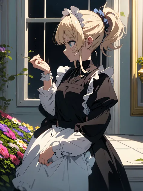 (masterpiece, highest quality, High resolution、be familiar with), (shining eyes)、1 girl,blonde hair, maid, blue eyes, side ponytail, hair scrunchie, hair ornaments, blue scrunchie, maid headdress, apron, (Mansion garden),(flowers blooming in the flower bed...