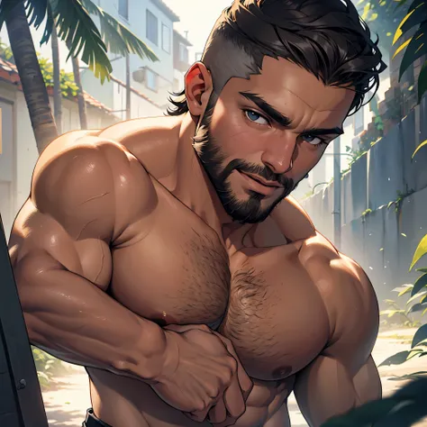 Melhor qualidade, obra de arte, super high resolution, fundo detalhado, realista, illustration, Solteiro, 1 menino, middle-aged muscle man, barba grisalha, golpe, Rua, muscular, gray facial hair, homem de meia-idade, short gradient hair, volumetric lightin...