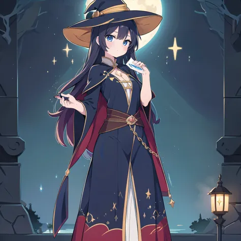 Anime style image of woman wearing magic robe, witch, 漂亮的witch,轻浮的动漫witch施展魔法, fantasy art style, anime style 4k, Anime Fantasy Artwork，long skirt，moon，castle，Wand in hand，starlight，girly face，Cute expression，Holds a magic wand in his left hand，Holding a m...