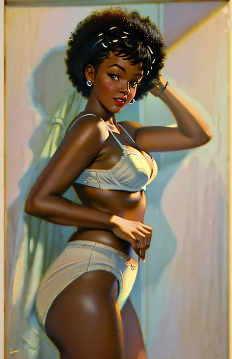 ((((masterpiece, best quality)))), ((33 year old)), (((Curvy))), ((Black woman with black afro)), in ((white bra)), ((white high cut fullback panties)), ((Large Hips)), ((Standing in a cluttered bathroom)), ((((realistic art style, 50s pinup art))))