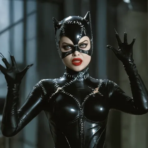 cinematic film still of full body 24mm catwoman aangry woman in a catwoman costume is being held up by a man tim burton style,1 ...