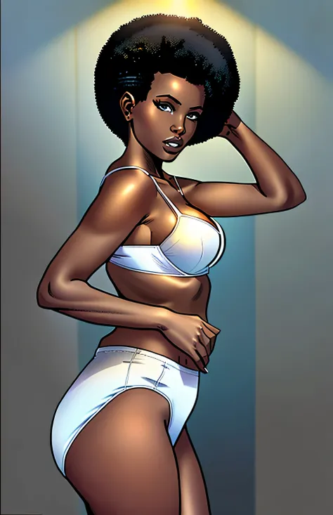 ((((masterpiece, best quality)))), ((33 year old)), (((Curvy))), ((Black woman with black afro)), in ((white bra)), ((white high cut fullback panties)), ((Large Hips)), ((Standing in a cluttered bathroom)), (((comic book art style)))