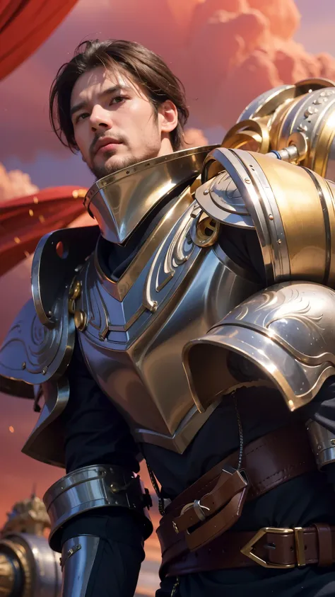 (best quality,4k,8k,highres,masterpiece:1.2),ultra-detailed,(realistic,photorealistic,photo-realistic:1.37),a close up of a man in armor,extremely detailed artgerm,artgerm detailed,high detail,brown hair,shiny armor,ornate helmet,scratched metal,reflection...