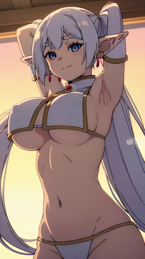 best quality,4k,super gigantic breasts,wear white bikini,underboobs,1girl twintails, very long hair, silver hair, pointy ears, elf,cute smile,show armpit