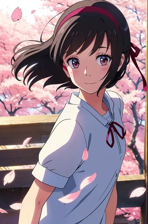 shinkai makoto, kimi no na wa., 1girl, 1boy, bangs, black hair, (boy wear white shirt), ((girl wear white dress, short dress, red headband), short sleeves, blush, bright eyes, brown eyes, red ribbon, short hair, smile, cute, beautiful, open mouth, love, ad...