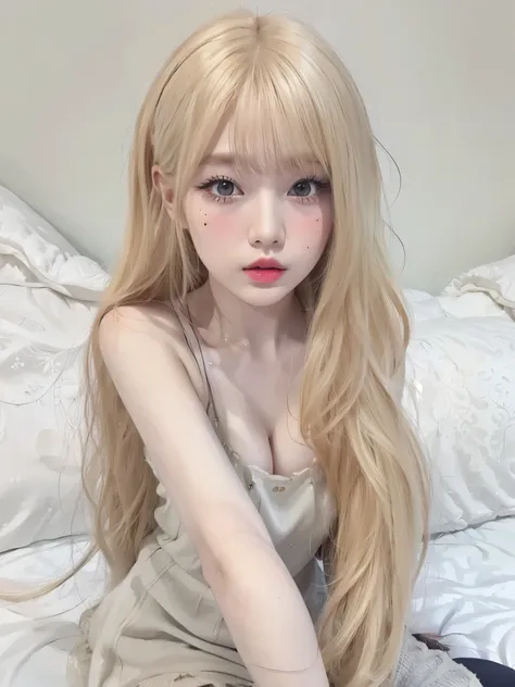 chica rubia con pelo largo sentada en una cama, retrato realista kawaii, chica anime en la vida real, obra de arte al estilo de ...