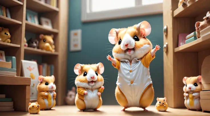 (hamster幼稚園),(dance),踊るhamster:chibi,kindergarten children,kindergarten background,the kids&#39;toy,wall decorations made by chi...