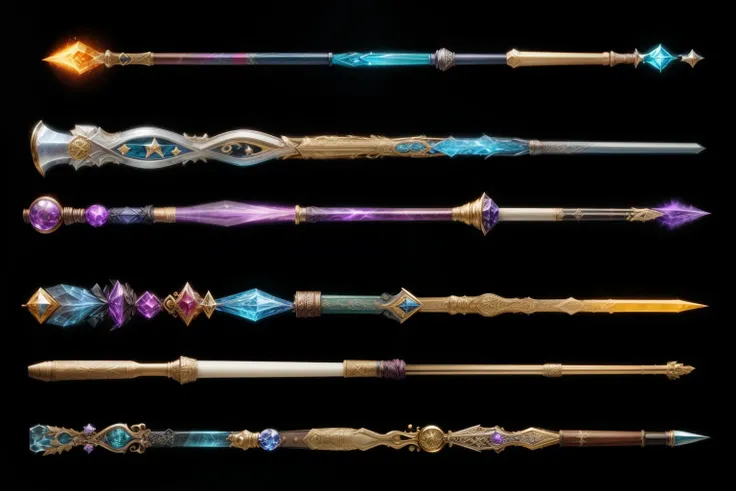 a close up of a bunch of different colored weapons on a black background, wands, wizard magic staff, magic staff, magic artifacs and magic weapons, wand, holding wands, magic wand, scepter, magical items, magic wooden staff, fantasy rpg weapon art, spears,...