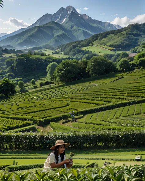 araffes picking tea leaves in a field with mountains in the background, Photos by Matthias Wescher, blinds, image, background: assam tea gardens, assam tea village background, assam tea gardens setting, assam tea gardens background, japanese farmers, amazi...