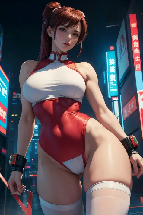 chun li from steet fighter wearing a tight white outfit, skinny frame, skinny legs, medium breast, red hair beauty, cyberpunk city background, holding retro space-gun, green headband, slim waist, slim thighs, skinny thighs, thin thighs, slender thighs, thi...