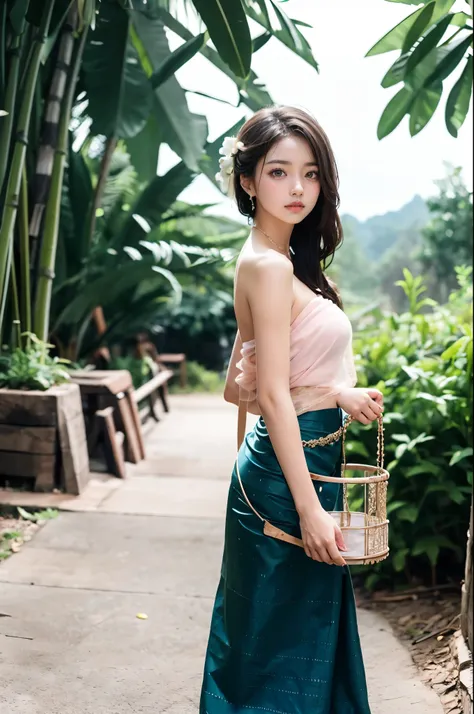 (masterpiece, best quality:1.2),1girl, bag, bamboo, bare shoulders, basket, black hair, blurry, blurry background, blurry foregr...