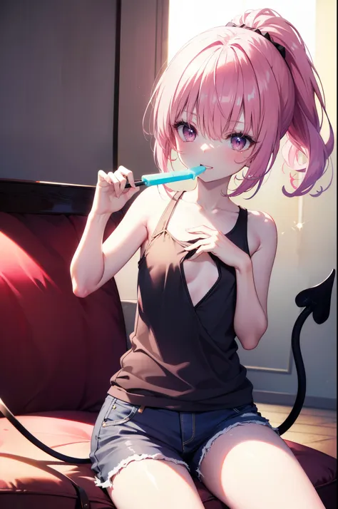 nana devilk,  that deviluke, tooth, long hair, (pink eyes:1.5), pink hair, tail, (flat chest:1.2), smile,blush,ponytail,tank top...