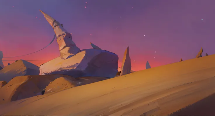 piles of rocks in the middle of desert, a lot of sharp giant bones, sunset light from the left, twilight sky in the background, (anime background, digital painting style)