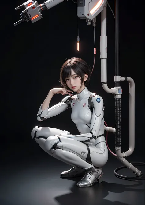 A boy with a powerful robot body、（1 boy）、Squatting down with one knee up、18-year-old、Pink titanium alloy and black carbon fiber skeleton、（silver gold short hair:1.5）、Body composed of a small control motor, cylinder and pipe、A smooth thoracic cable and tube...