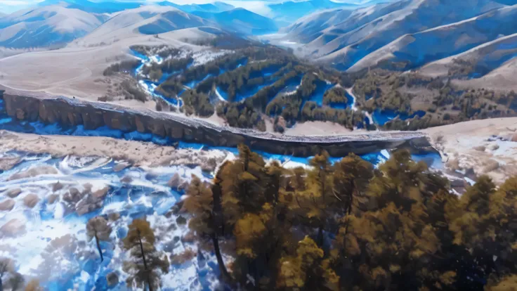 A mountain can be seen，There is a river flowing through the mountains, wind river valley, 4 0 9 6, drone shot, 从drone shot, Aerial shooting by drones, aerial footage, drone footage, 从drone shot, drone view, drone wide shot, rolling foothills, aerial view o...