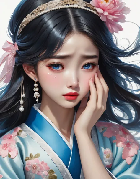 (Beautiful face of crying Chinese girl covering her face with handkerchief), (With many, many tears in her eyes:1.3),(watery eyes)(bowed slightly),(Cover your face with your hands and cry),Pearl ear-rings, long eyelashes and pink lips, face close-up, clean...