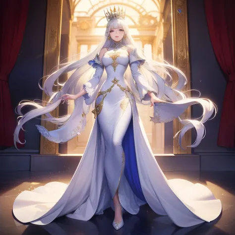 beautiful queen, regal presence, standing full body, radiant in a white dress, long white hair cascading down, delicate features...