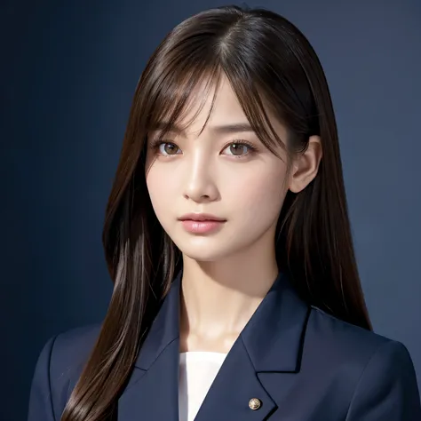 (highest quality、table top、8K、best image quality、Award-winning work)、1 Beauty OL、straight medium hair、(Woman wearing perfect navy business suit:1.5)、Polyester shirt、(big breasts:1.1)、emphasize body line、(The simplest single color background:1.2)、(Perfectly...