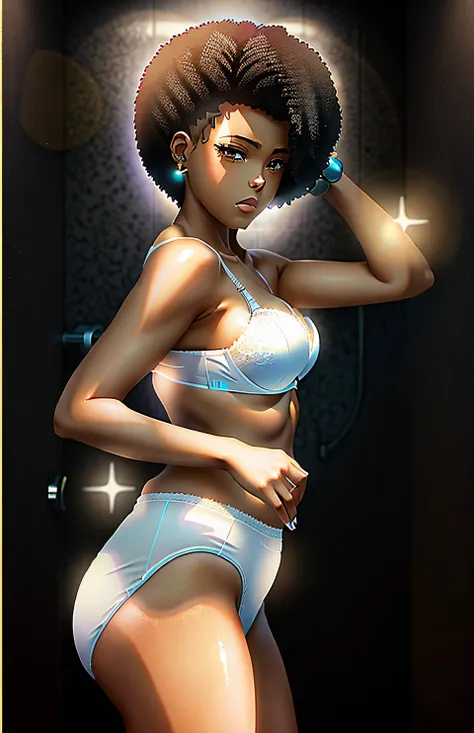 ((((masterpiece, best quality)))), ((33 year old)), (((Curvy))), ((Black woman with black afro)), in ((white bra)), ((white high cut fullback panties)), ((Large Hips)), ((Standing in a cluttered bathroom)), ((((anime art style))))