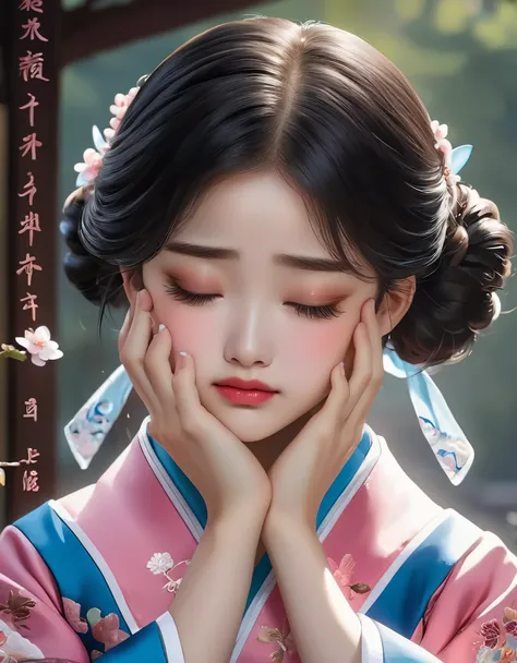 （beautiful face of crying chinese girl covering her face with handkerchief）, （with many, many tears in her eyes：1.3），（watery eye...