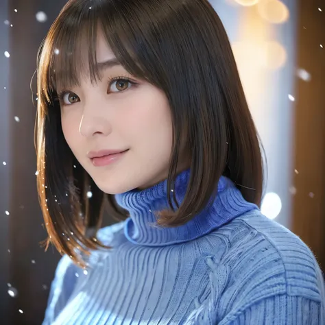 (highest quality、table top、8K、best image quality、Award-winning work、ultra high resolution)、1 girl、(Blue Turtleneck Knit:1.3)、epic movie lighting、very moody and romantic lighting、(It&#39;s snowing:1.1)、(Norwegian snowy city at night:1.1)、Glittering night vi...