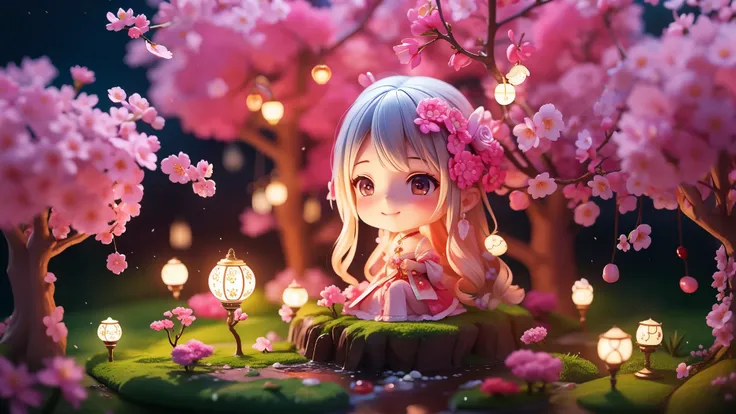 Magic garden miniature scene, delicate cherry blossoms、Softly glowing cherry tree、Illuminated by happy smiling miniatures. 8K Autorealist,Cherry tree in full bloom、girl cherry blossom fairy、、3 heads and bodies、facing backwards