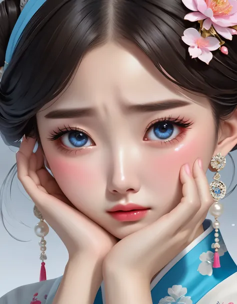 （Beautiful face of crying Chinese girl covering her face with handkerchief）, （With tears in eyes），（bowed slightly），（covering face with hands），Pearl ear-rings, long eyelashes and pink lips, face close-up, clean face, round chin, blue eyes, Blue embroidered ...