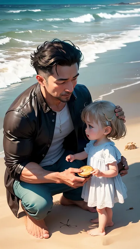 A 3-year-old  happily shows his parents the shells he picked up.,The mother looks on with interest and surprise.、
background:sandy beach
(full shot)

"(setting):(best quality),(masterpiece),(detailed),(ultra detailed),(insanely detailed),(ultra-quality),(h...