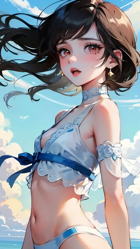 young girl　black hair　short hair　red eyes　irreverent face　look down　thin body　thin thighs　small breasts　small ass　toned body　blue sky　cloud　hair blowing in the wind　high quality　High resolution　8K　vampire　watercolor　natural feel　bridge of the nose　((最high ...