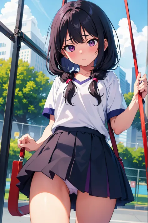 City parks　elementary school girl　8-year-old　flat chest　black hair　long hair　eyes are purple　embarrassed look（（1 person））　Upper body white short-sleeved gym clothes　（（Lower body dark blue thick panties））　standing in front of the swing in the park　spread yo...