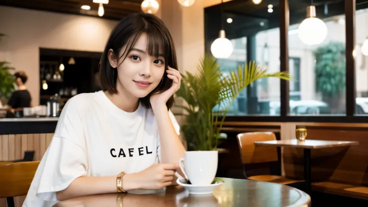 High resolution、under bright lighting、A female college student relaxing inside a stylish cafe。she、Sit at a cafe table with a modern and sophisticated design、I&#39;m looking at the faint steam rising from a ceramic coffee cup with artwork in my hand.。women ...