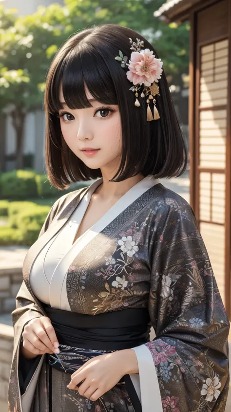 ((best quality)), ((muste piece)), (detailed face), (highlight), princess、Big breasts、blunt bangs、black hair、Kimono with detailed pattern、