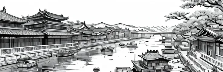 drawing of arafed river with boats and old buildings in it, chinese brush pen illustration, by Yang Borun, beautiful chinese city, detailed art, very detailed illustration, traditional korean city, by Ni Yuanlu, very detailed ink illustration, detailed ink...