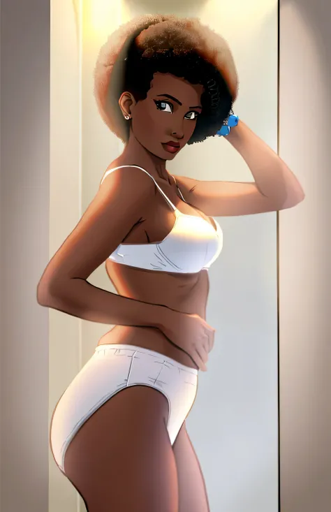 ((((masterpiece, best quality)))), ((33 year old)), (((Curvy))), ((Black woman with black afro)), in ((white bra)), ((white high cut fullback panties)), ((Large Hips)), ((Standing in a cluttered bathroom)), (((Western cartoon style)))