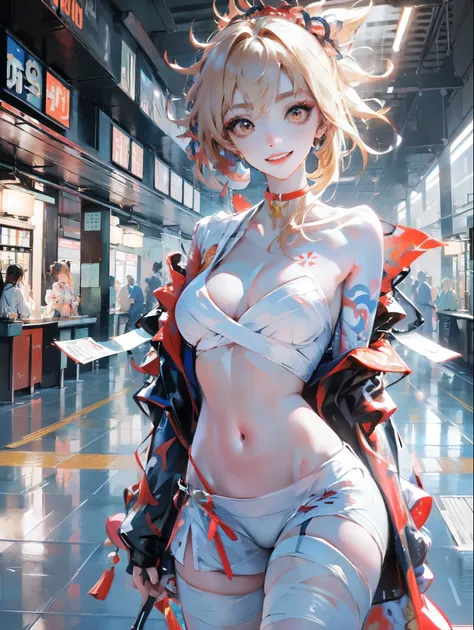 real picture (1 cute korean stars) flip hair, Light makeup, large breast size, naked, at the train station, Canon EOS facial features are clear, 16k, high resolution, Clear and lifelike details, overexposure, cut, ultra high definition, high resolution, be...