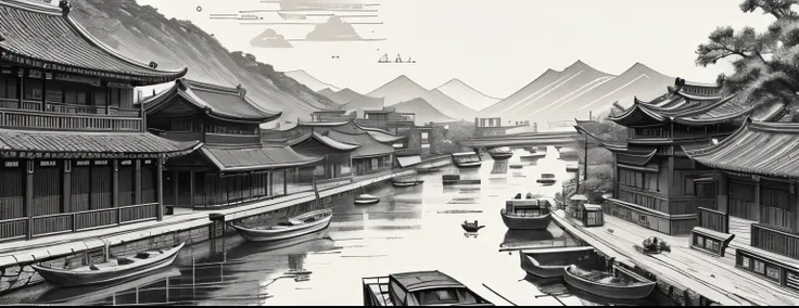 drawing of arafed river with boats and old buildings in it, chinese pen illustration, by Yang Borun, beautiful chinese city, detailed art, very detailed illustration, traditional korean city, by Ni Yuanlu, detailed sumi - e illustrations, detailed sumi-e i...