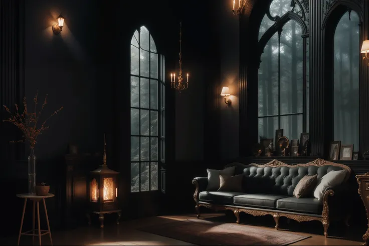 dark night、Western style living room deep in a dark and mysterious forest、relax、 interior architecture, gothic art, Verism, One person&#39;s point of view, outside, canon, Super Detail, high quality, A high resolution, 8 k, Best quality