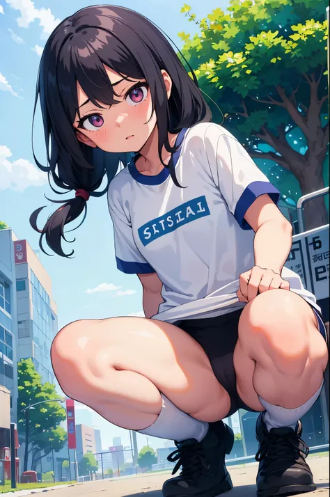 City parks　elementary school girl　8-year-old　flat chest　black hair　long hair　eyes are purple　embarrassed look（（1 person））　Upper body white short-sleeved gym clothes　lower body（（dark blue thick panties））　white socks　sports boots　Crouching in front of the sa...