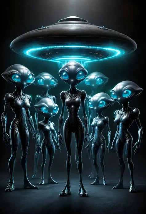 depict an artistic representation of a group of aliens with large, glowing eyes and futuristic features, standing in front of a mysterious, glowing UFO